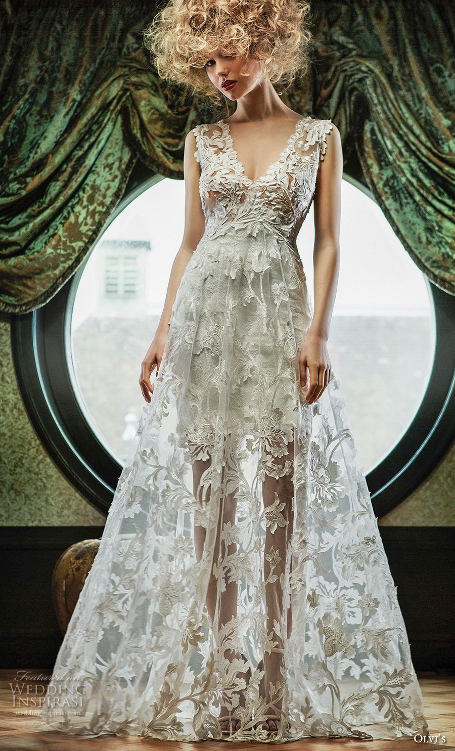 olvi 2019 bridal sleeveless v neck full embellishment romantic a  line wedding dress sheer lace back sweep train (1) mv