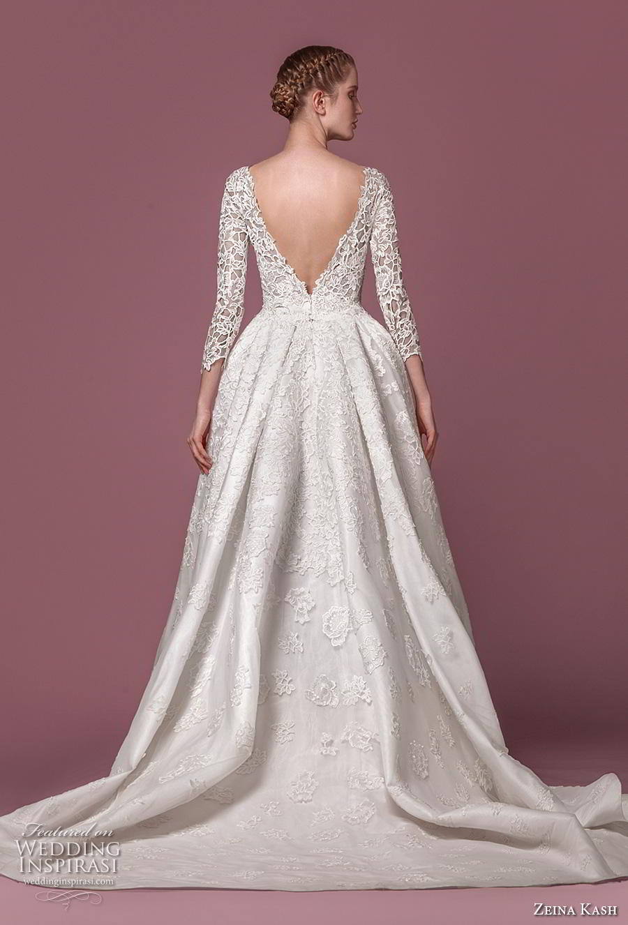 zeina kash 2018 bridal three quarter sleeves deep plunging v neck full embellishment elegant lace a  line wedding dress open v back chapel train (5) bv