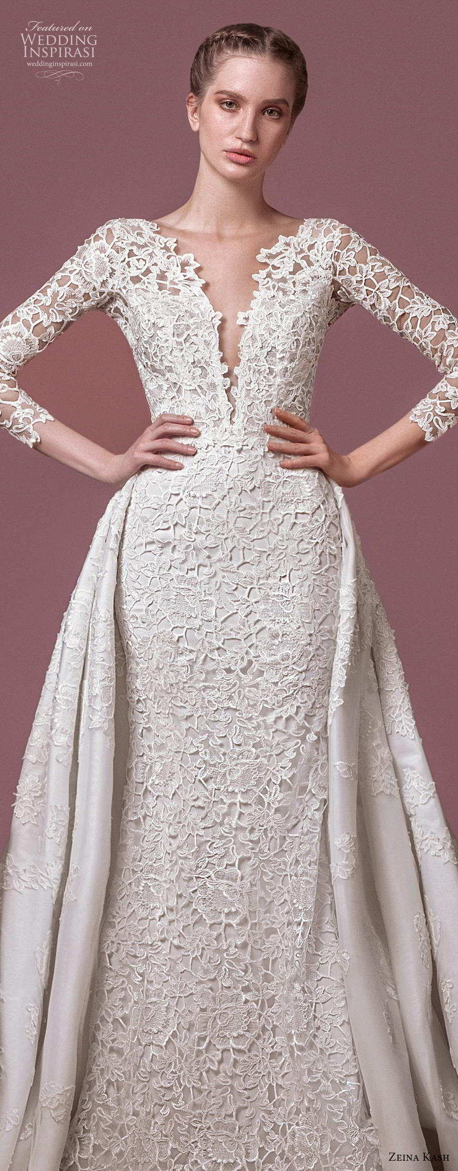 zeina kash 2018 bridal three quarter sleeves deep plunging v neck full embellishment elegant lace a  line wedding dress open v back chapel train (5) lv