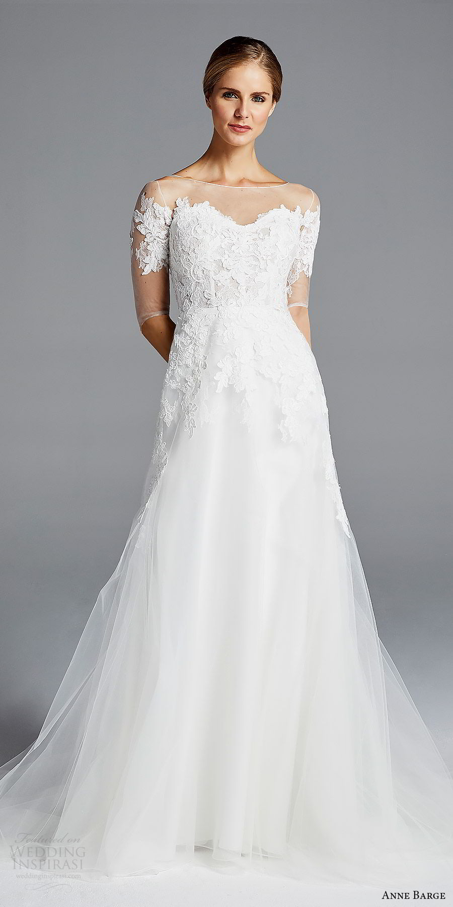 anne barge bridal spring 2019 3 quarter illusion sleeves sheer bateau neck sweetheart lace bodice a line wedding dress (rossallini) mv romantic elegant illusion back chapel train