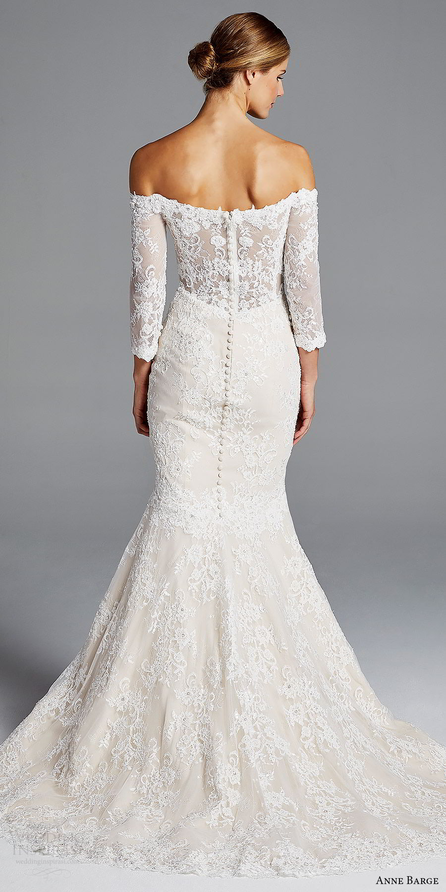 anne barge bridal spring 2019 3 quarter sleeves off shoulder illusion sweetheart lace mermaid wedding dress (loren) bv scoop back chapel train elegant romantic