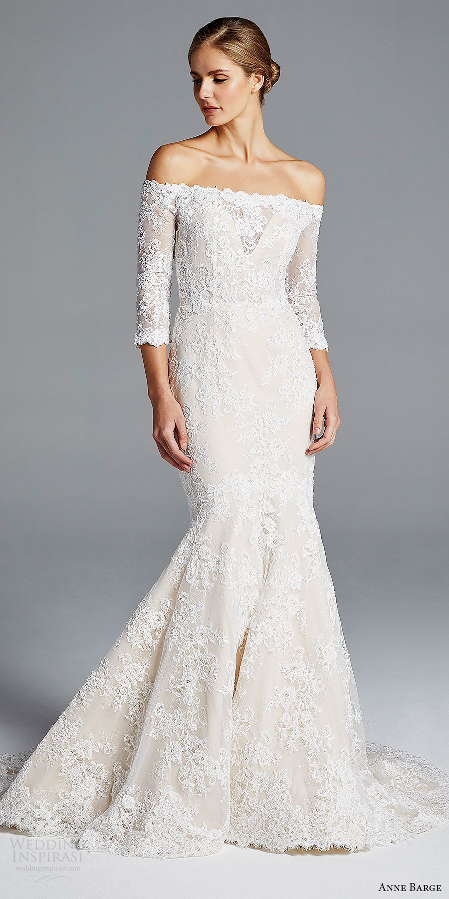 anne barge bridal spring 2019 3 quarter sleeves off shoulder illusion sweetheart lace mermaid wedding dress (loren) mv elegant romantic