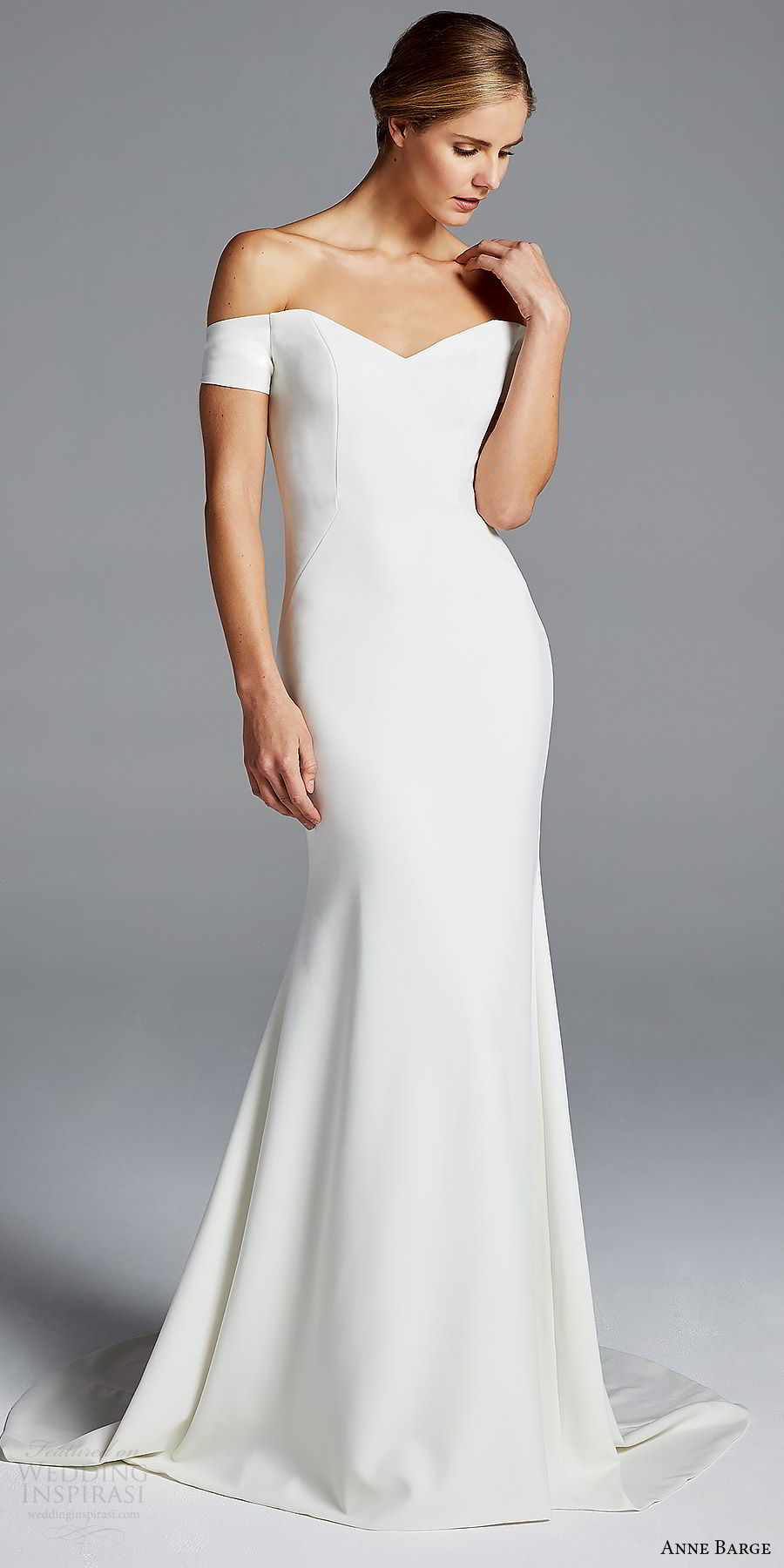 anne barge bridal spring 2019 off shoulder short sleeves sweetheart neckline minimally embellished sheath wedding dress (jolie) mv chic modern elegant