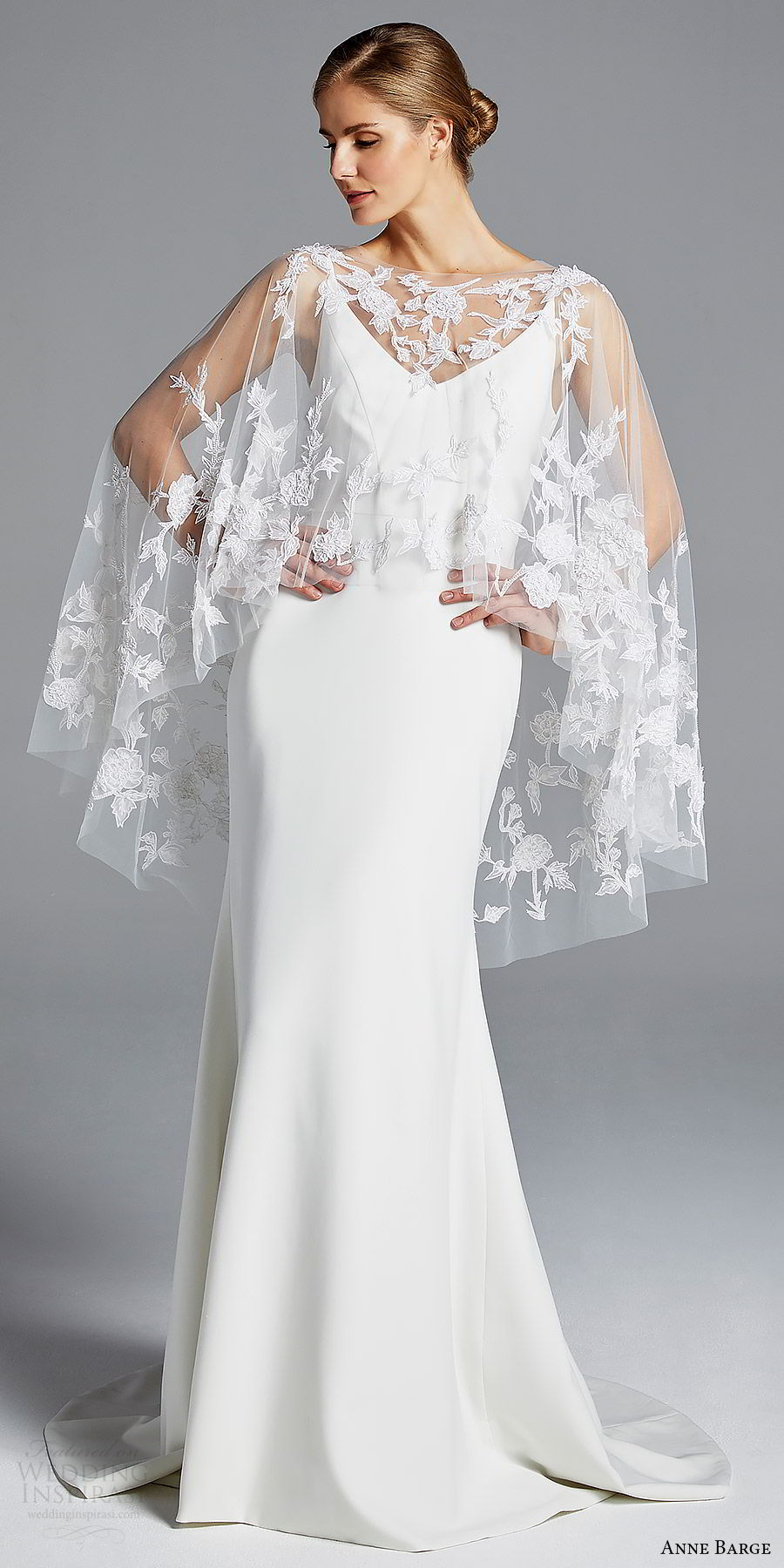 anne barge bridal spring 2019 sleeveless straps v neck sheer capelete sheath wedding dress (elle) mv sweep train boho chic romantic