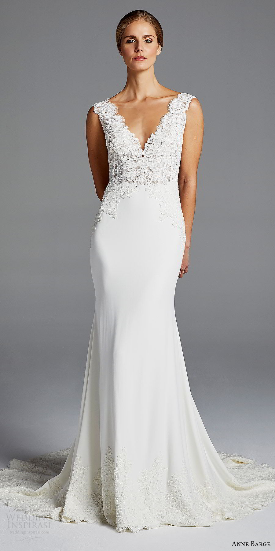 anne barge bridal spring 2019 sleeveless thick lace straps deep v neck embellished bodice sheath wedding dress (lana) mv chic elegant