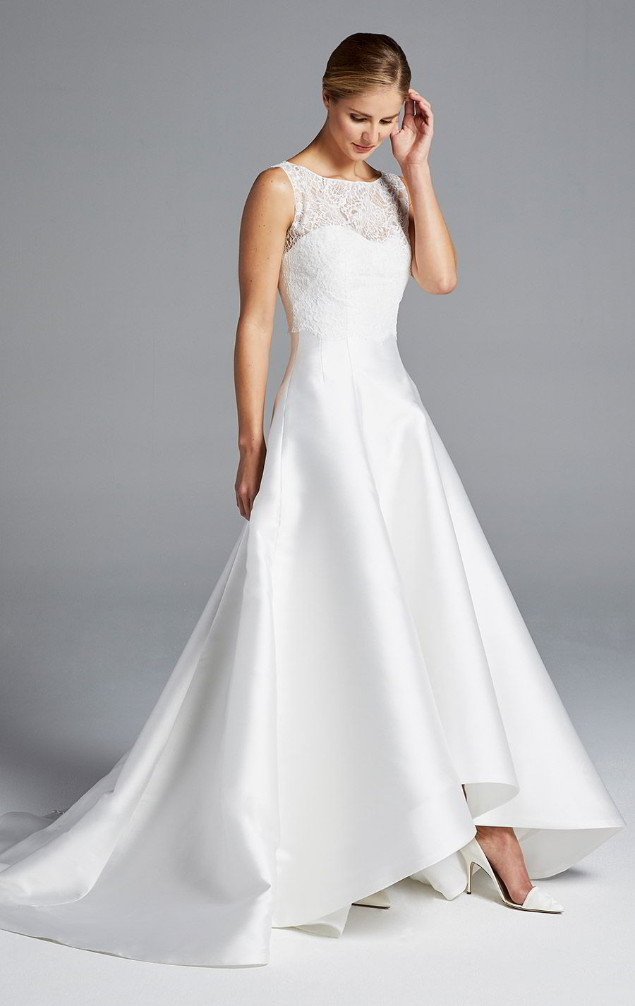 anne barge bridal spring 2019 strapless sweetheart clean a line high low wedding dress sleeveless lace top bateau neck (mindy) mv modern chic