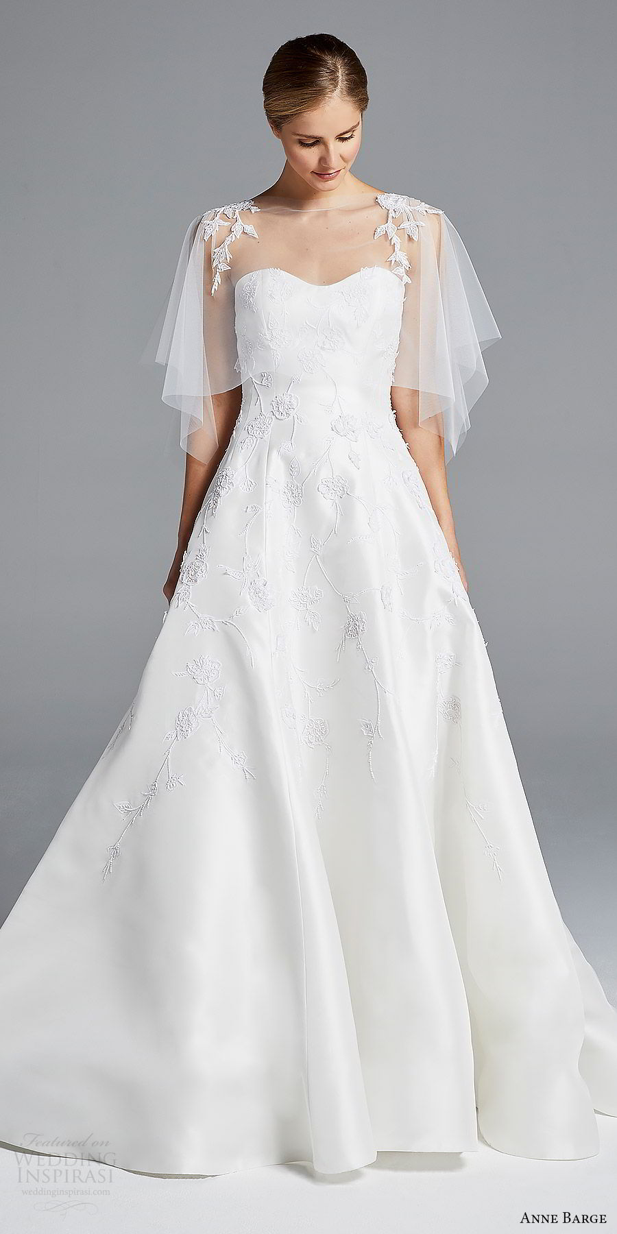 anne barge bridal spring 2019 strapless sweetheart lace bodice sheer capelete a line wedding dress (chloe) mv boho romantic