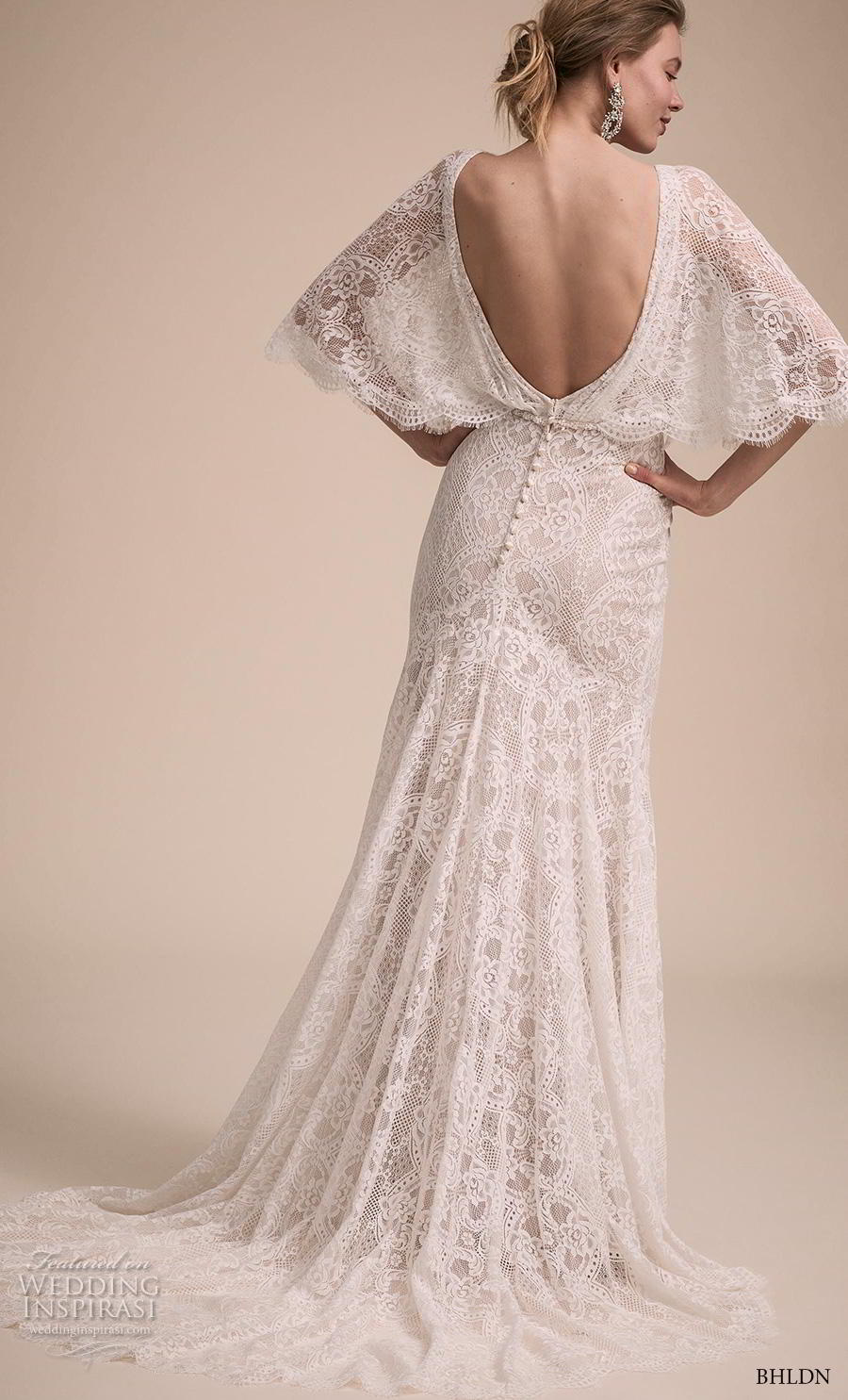 bhldn 2018 own bridal butterfly sleeves v neck full embellishment bohemian vintage sheath column wedding dress backless chapel train (5) bv