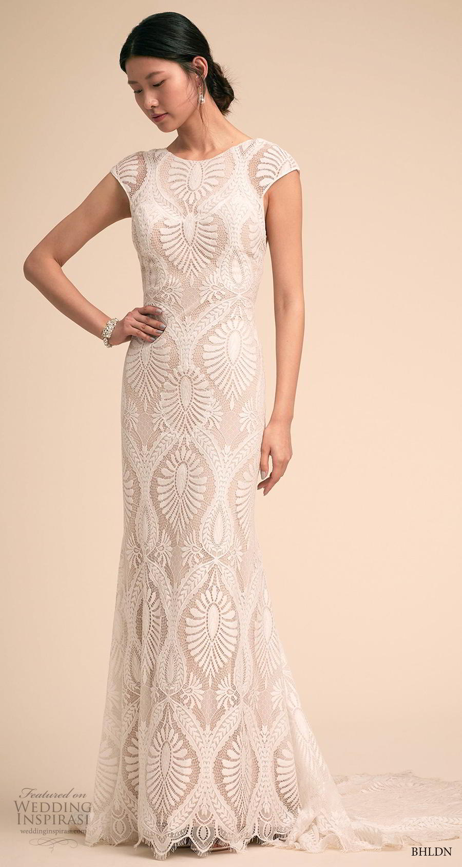 bhldn 2018 own bridal cap sleeves jewel neck full embellishment elegant fit and flare sheath wedding dress backless chapel train (8) mv bhldn 2018 own bridal cap sleeves jewel neck full embellishment elegant fit and flare sheath wedding dress backless chapel train (8) mv