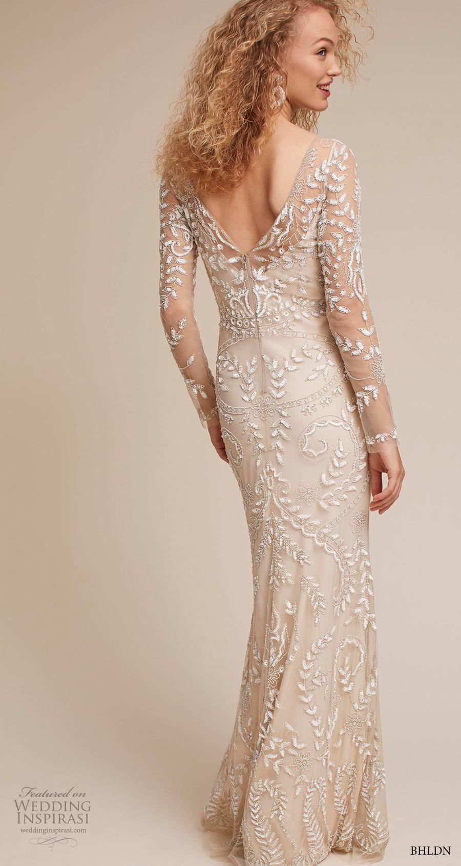 bhldn 2018 own bridal long sleeves bateau neck full embellishment elegant sheath weddomg dress v back sheath train (9) bv