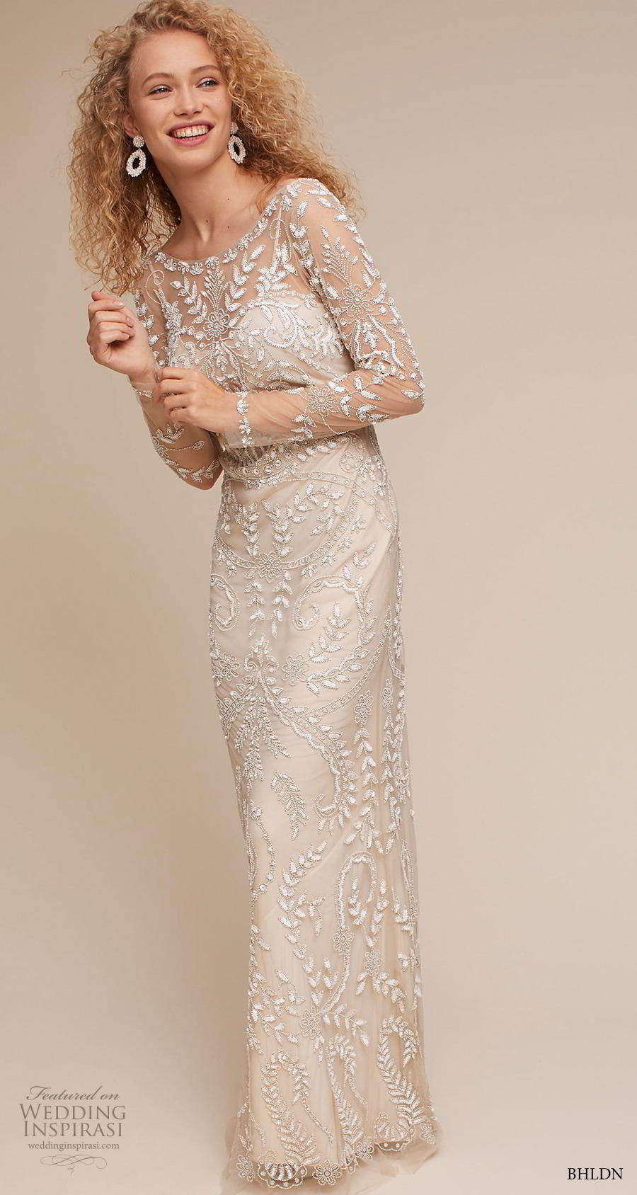 bhldn 2018 own bridal long sleeves bateau neck full embellishment elegant sheath weddomg dress v back sheath train (9) mv