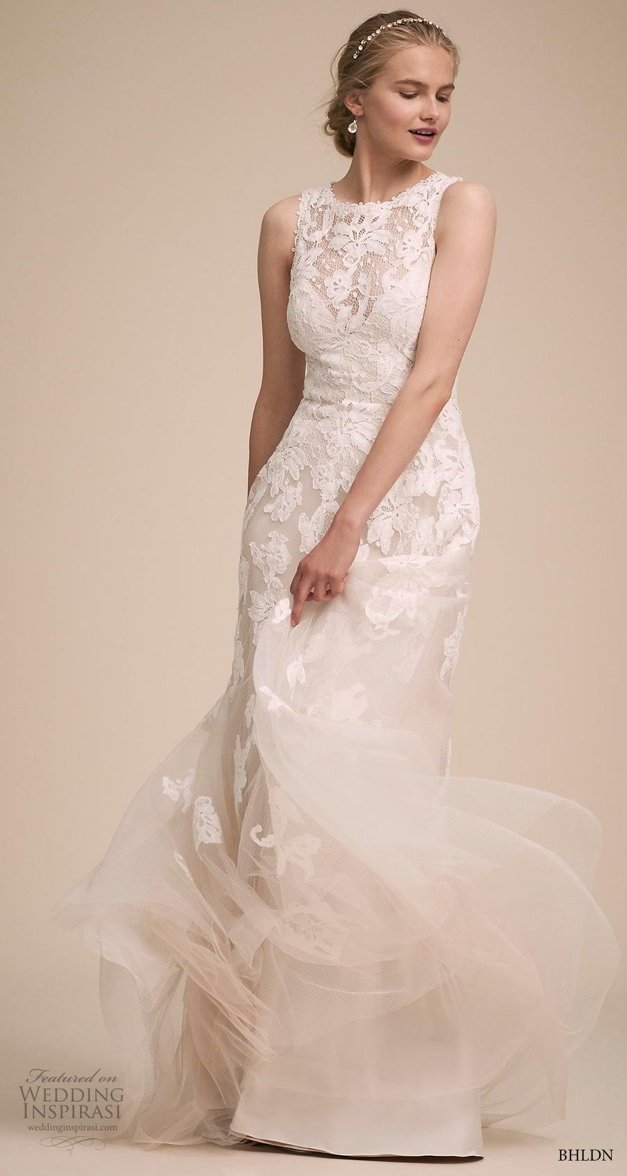 bhldn 2018 own bridal sleeveless jewel neck heavily embellished bodice elegant romantic sheath wedding dress covered lace back chapel train (11) mv