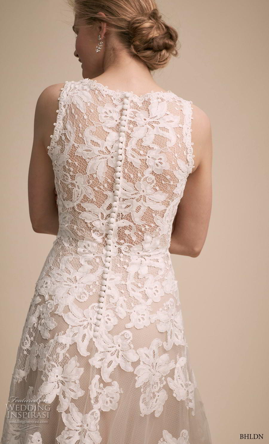 bhldn 2018 own bridal sleeveless jewel neck heavily embellished bodice elegant romantic sheath wedding dress covered lace back chapel train (11) zbv