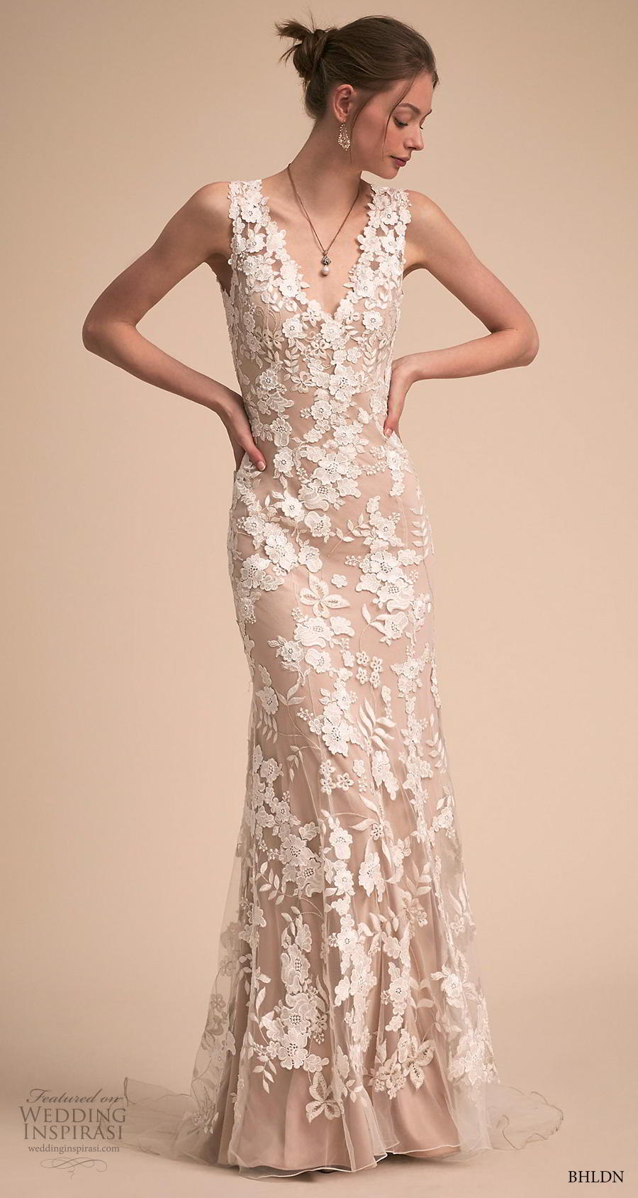 bhldn 2018 own bridal sleeveless v neck full embellishment elegant fit and flare sheath wedding dress backless scoop back short train (15) mv