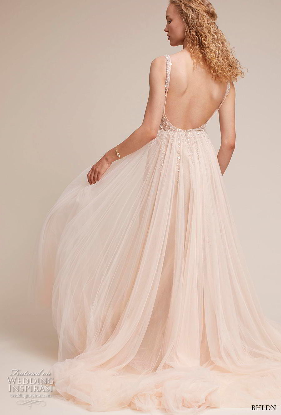 bhldn 2018 own bridal sleeveless v neck heavily embellished bodice tulle skirt glitzy romantic blush soft a  line wedding dress backless scoop back chapel train (6) bv