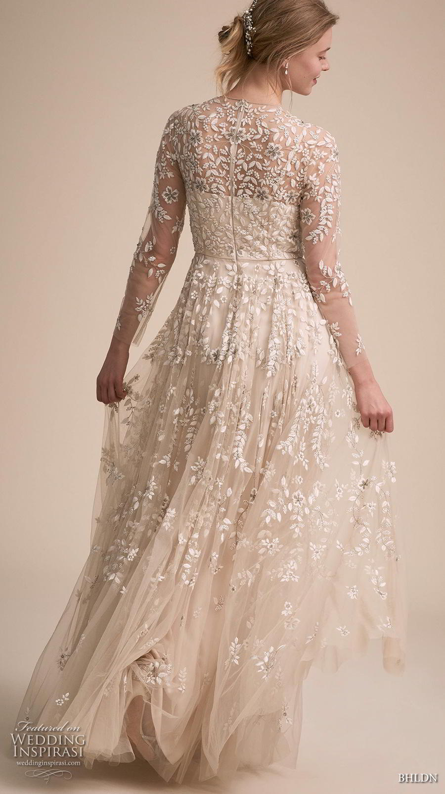 bhldn 2018 own bridal three quarter sleeves illusion jewel neck full embellishment romantic a  line wedding dress full lace back sweep train (1) bv