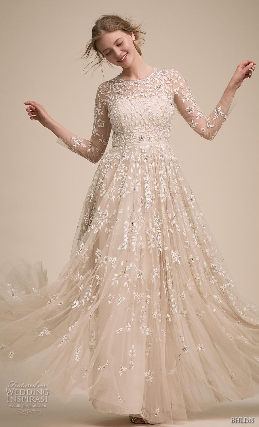 bhldn 2018 own bridal three quarter sleeves illusion jewel neck full embellishment romantic a  line wedding dress full lace back sweep train (1) mv