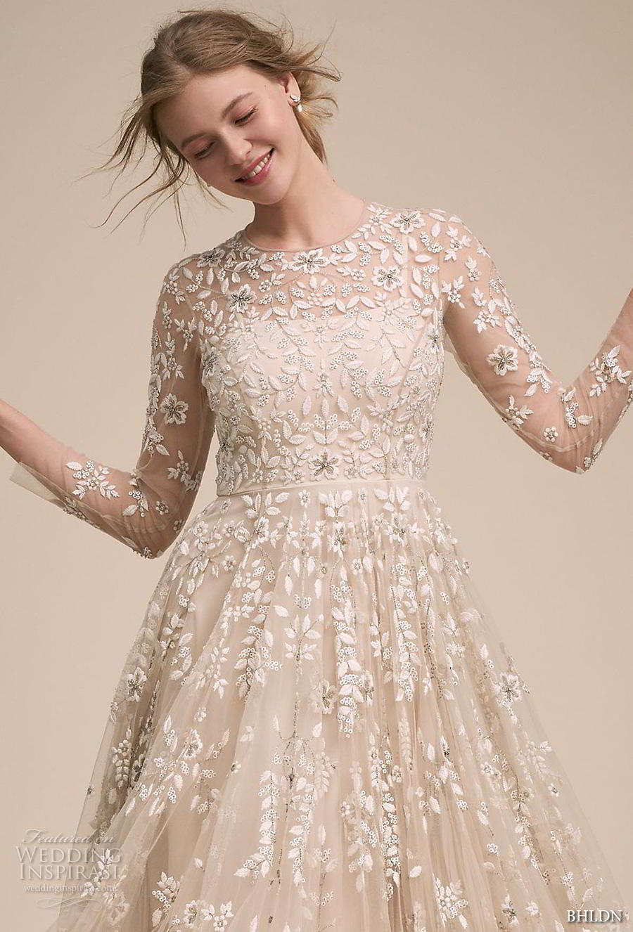 bhldn 2018 own bridal three quarter sleeves illusion jewel neck full embellishment romantic a  line wedding dress full lace back sweep train (1) zv