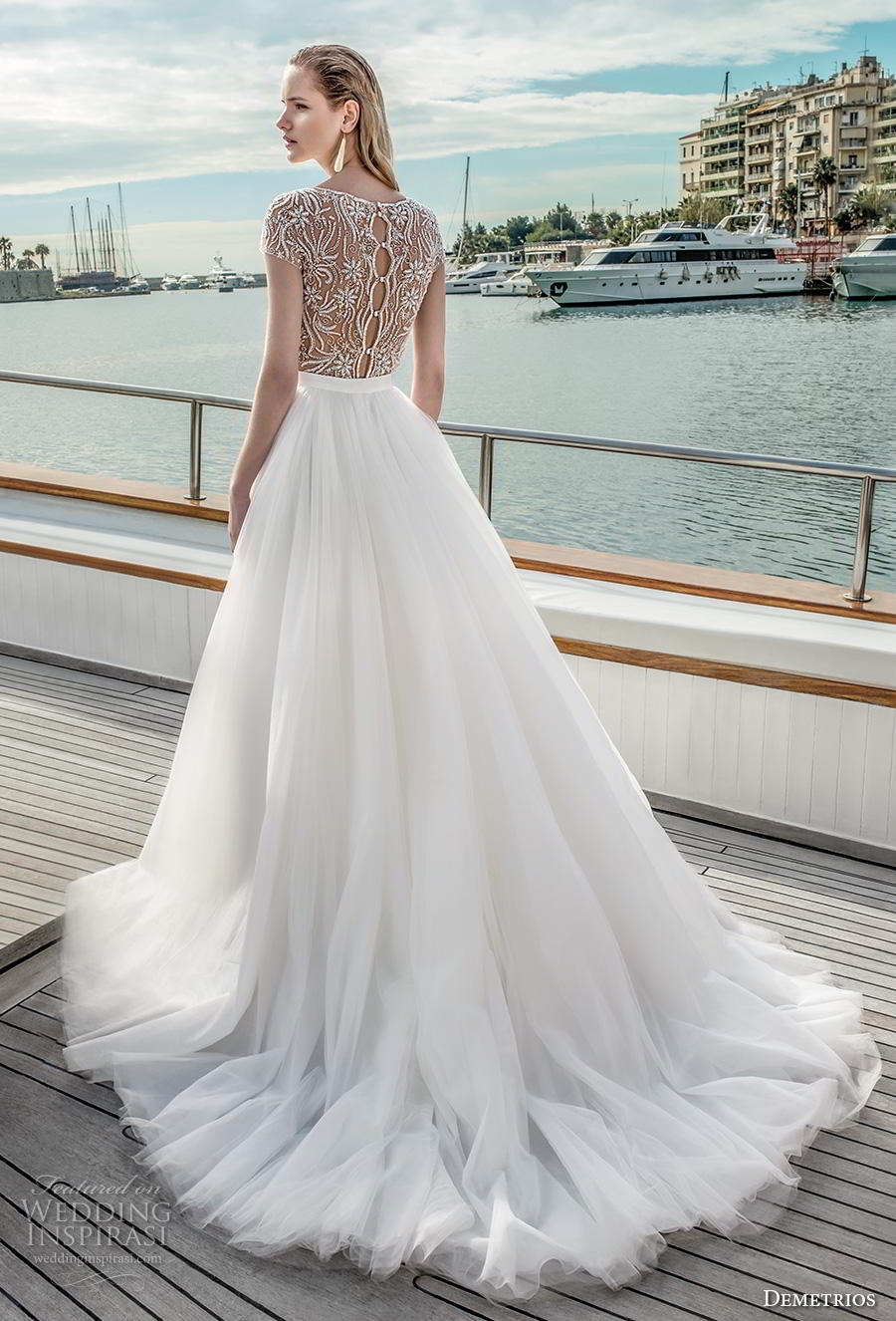 demetrios 2019 romance bridal cap sleeves bateau neckline heavily embellished bodice slit skirt a  line wedding dress lace back chapel train (12) bv
