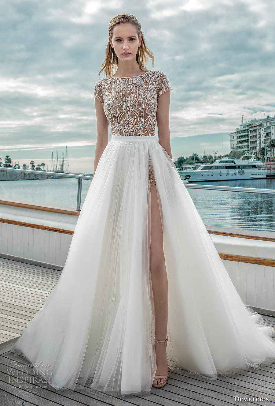 demetrios 2019 romance bridal cap sleeves bateau neckline heavily embellished bodice slit skirt a  line wedding dress lace back chapel train (12) mv