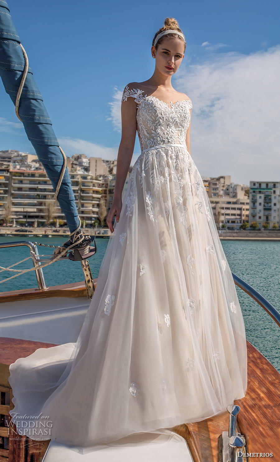 demetrios 2019 romance bridal cap sleeves illusion bateau sweetheart neckline heavily embellished bodice romantic a  line wedding dress backless scoop back sweep train (8) mv