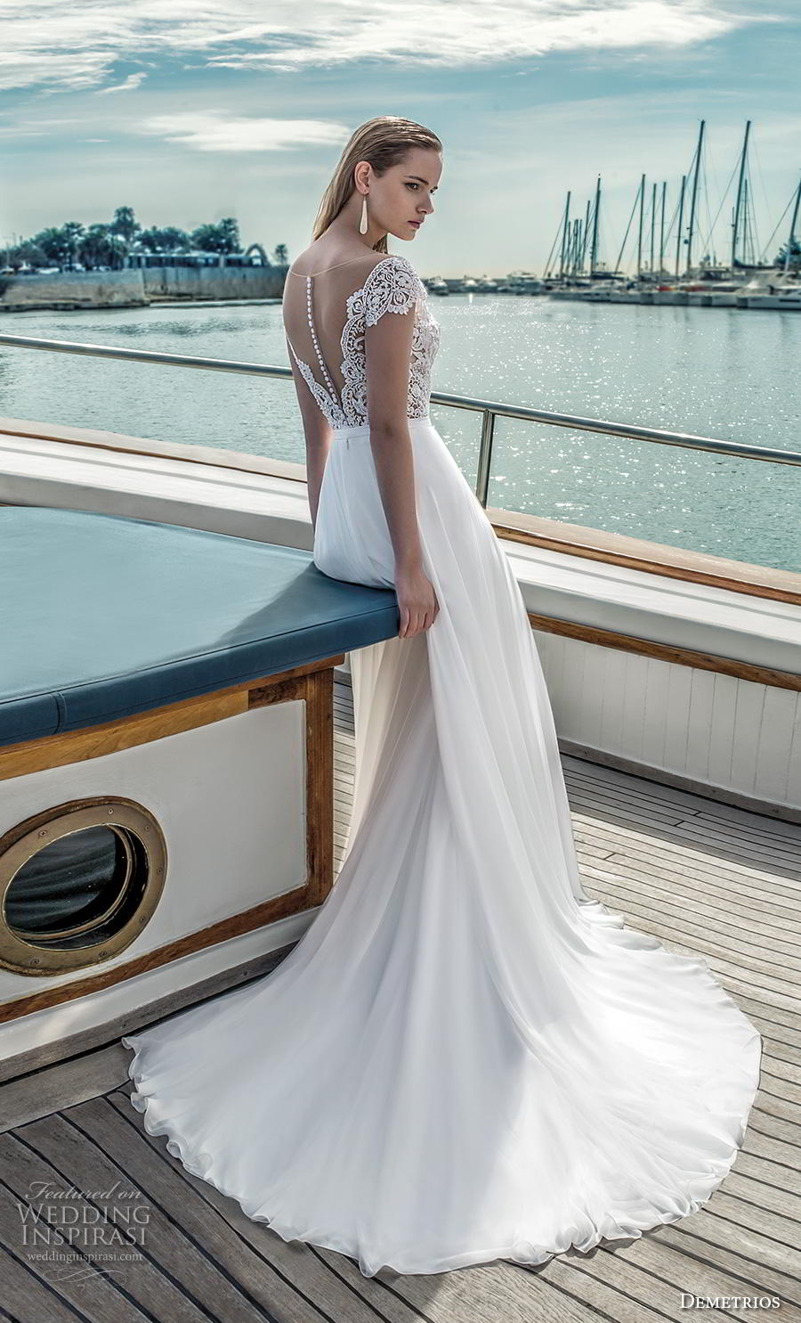 demetrios 2019 romance bridal cap sleeves scallop v neck heavily embellished bodice romantic a  line wedding dress shher button back medium train (10) bv