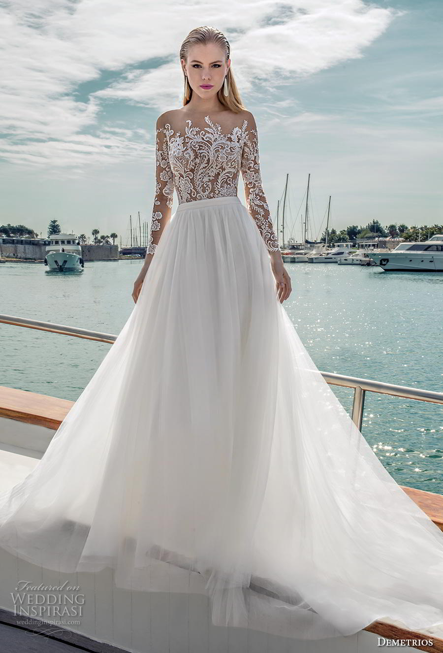 demetrios 2019 romance bridal long sleeves illusion bateau neckline heavily embellished bodice romantic a  line wedding dress sheer lace back chapel train (9) mv