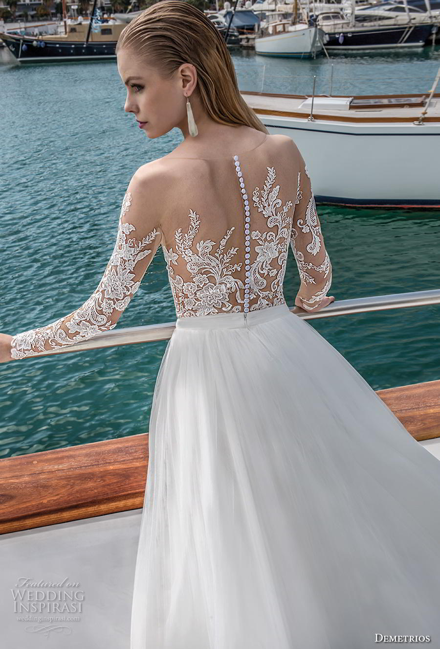 demetrios 2019 romance bridal long sleeves illusion bateau neckline heavily embellished bodice romantic a  line wedding dress sheer lace back chapel train (9) zbv