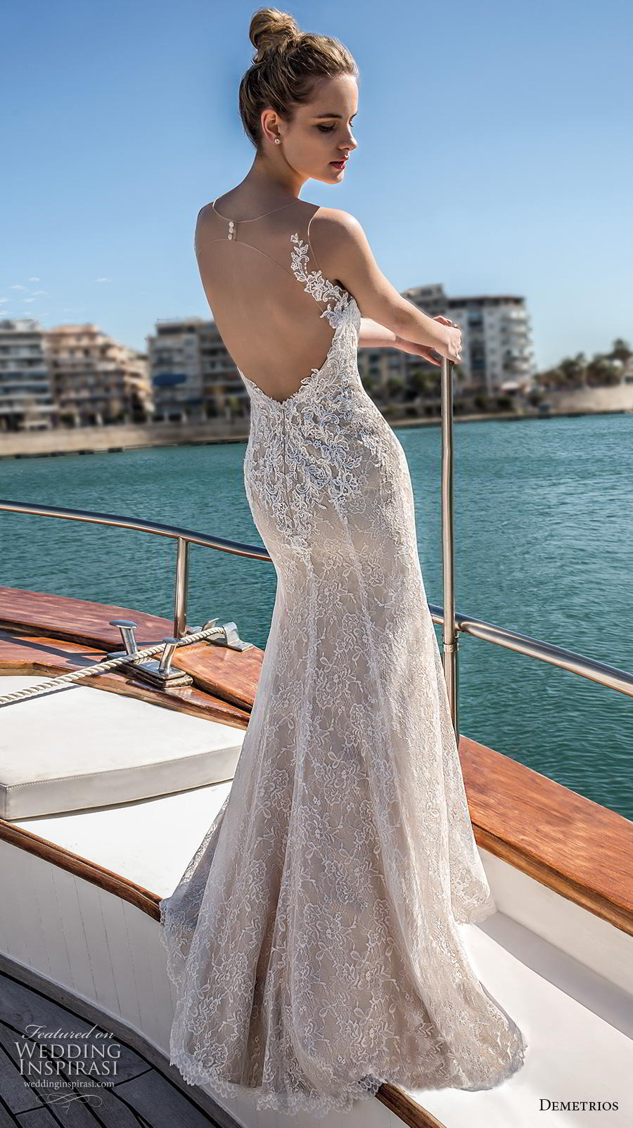 demetrios 2019 romance bridal sleeveless illusion bateau sweetheart neckline full embellishment elegant fit and flare wedding dress sheer back sweep train (5) bv