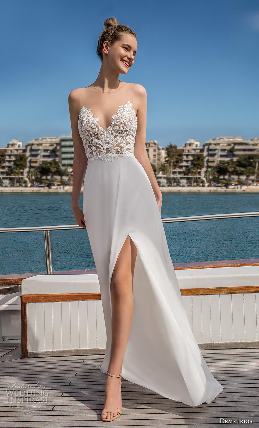 demetrios 2019 romance bridal sleeveless illusion bateau sweetheart neckline heavily embellished bodice slit skirt sexy elegant modified a  line wedding dress backless chapel train (6) mv