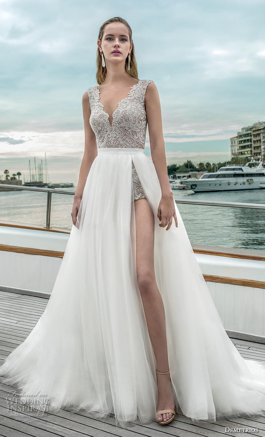 demetrios 2019 romance bridal sleeveless v neck heavily embellished bodice slit skirt sexy body suit a  line wedding dress backless scoop back chapel train (16) mv