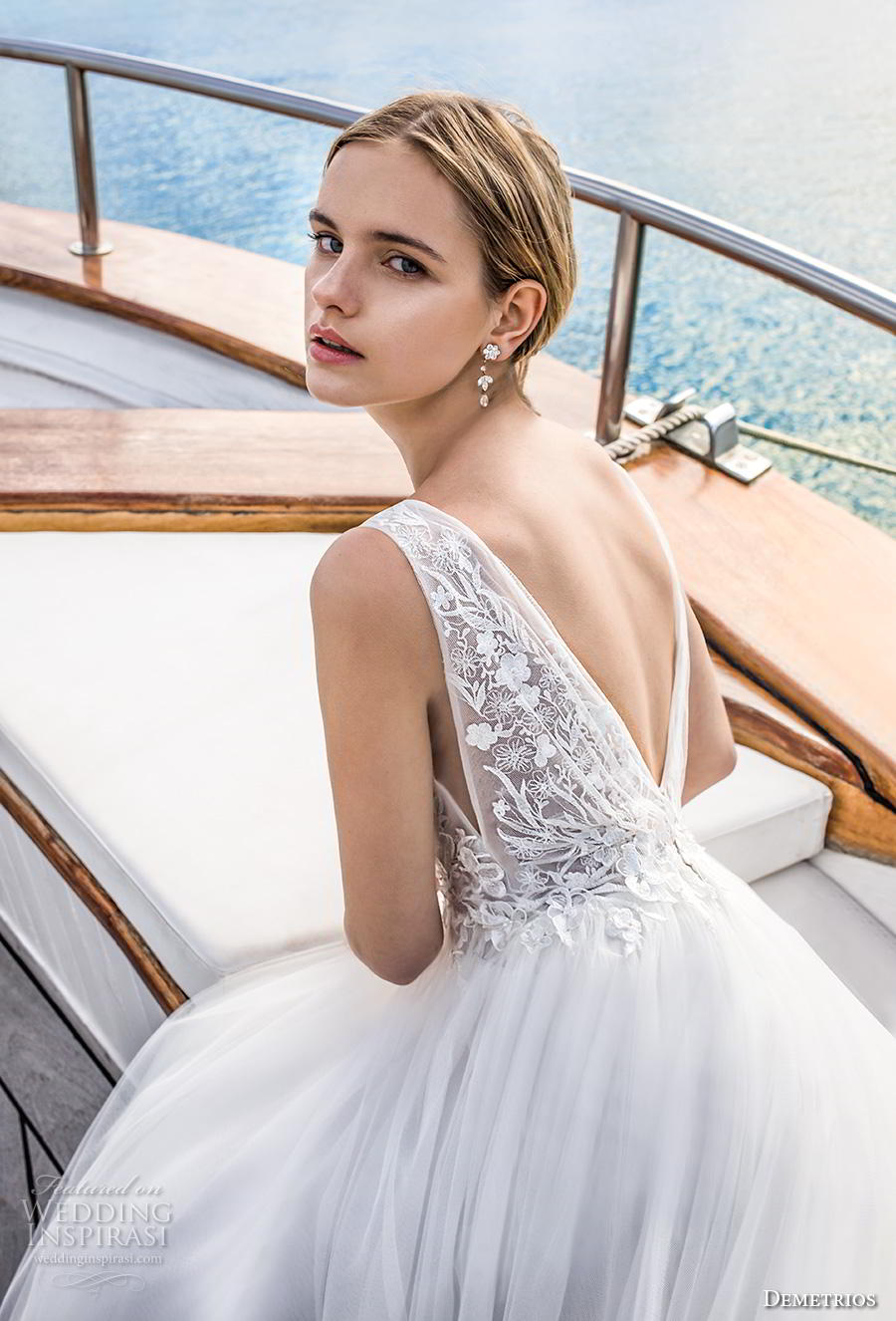 demetrios 2019 romance bridal sleevless v neck heavily embellished bodice tulle skirt romantic soft a  line wedding dress backless v back sweep train (2) zbv