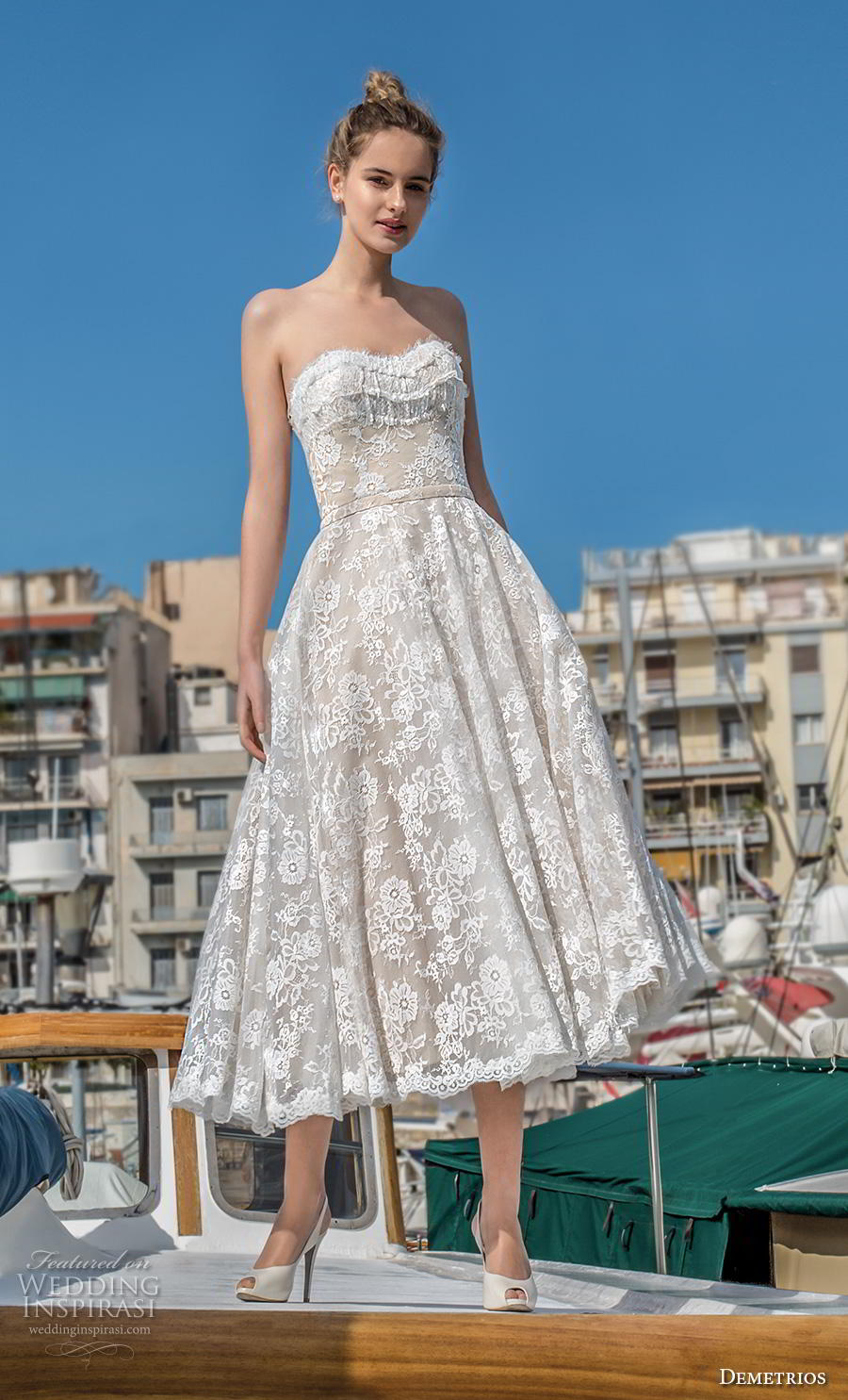 demetrios 2019 romance bridal strapless semi sweetheart neckline full embellishment romantic tea length short wedding dress (15) mv