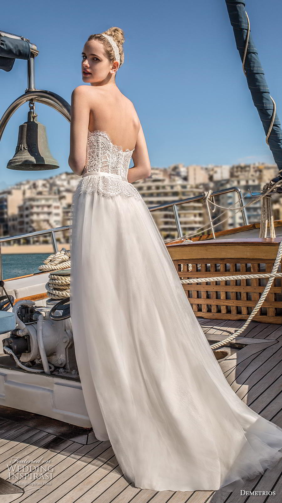 demetrios 2019 romance bridal strapless semi sweetheart neckline heavily embellished bodice corset romantic a  line wedding dress short train (4) bv