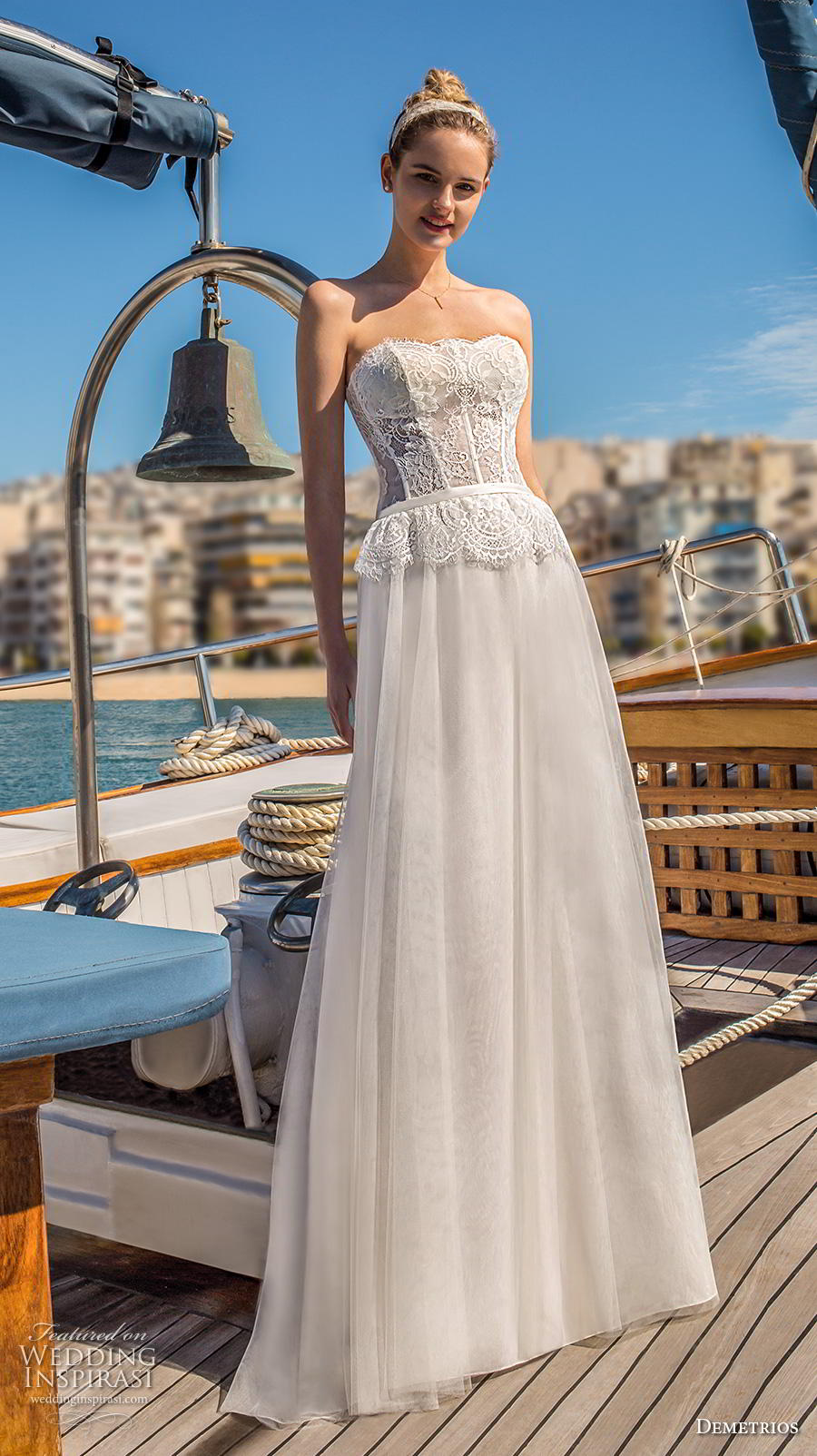 demetrios 2019 romance bridal strapless semi sweetheart neckline heavily embellished bodice corset romantic a  line wedding dress short train (4) mv