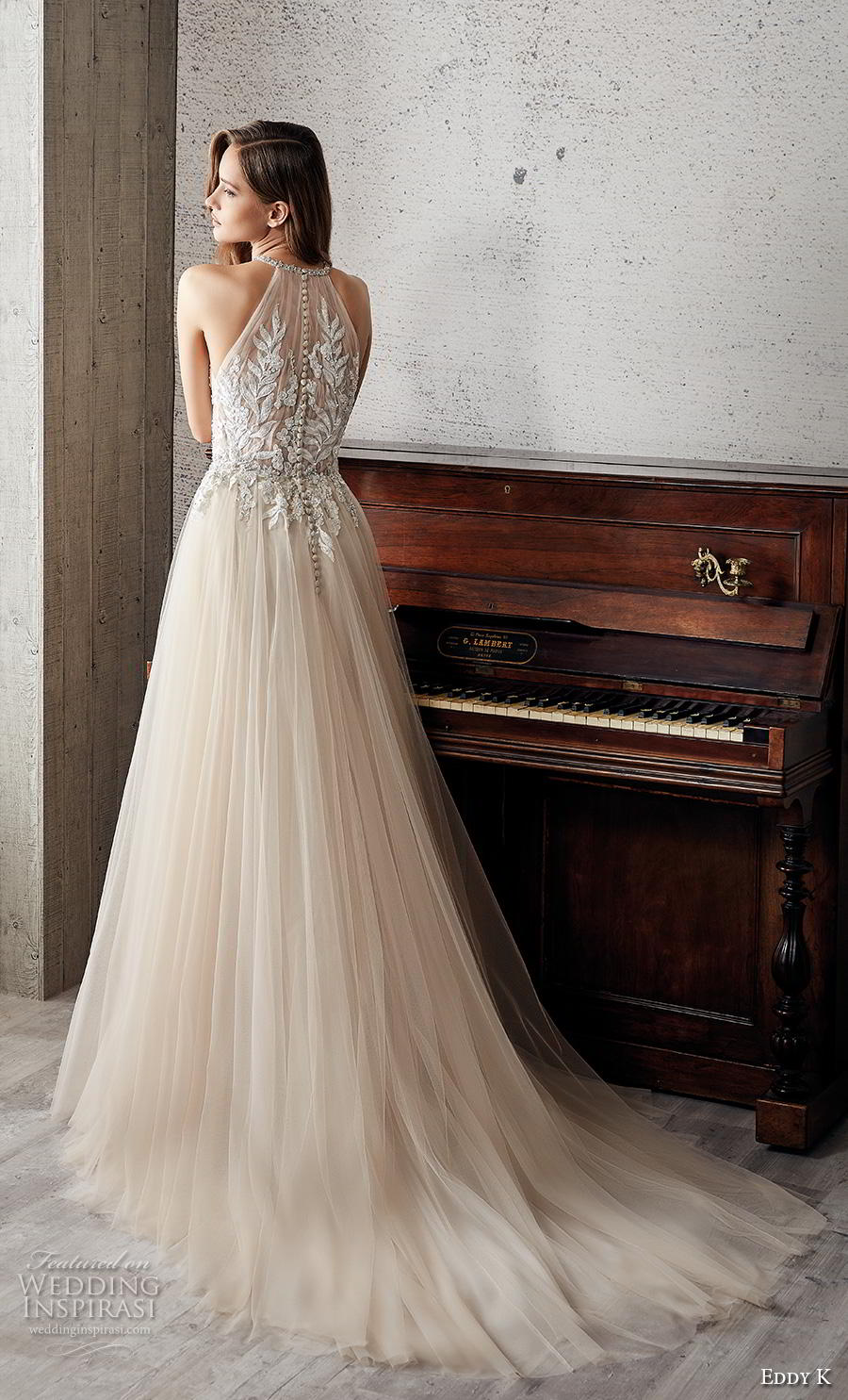eddy k 2019 couture bridal sleeveless halter neck keyhole bodice heavily embellished bodice tulle skirt romantic champagne a line wedding dress lace back chapel train (9) bv eddy k 2019 couture bridal sleeveless halter neck keyhole bodice heavily embellished bodice tulle skirt romantic champagne a line wedding dress lace back chapel train (9) bv
