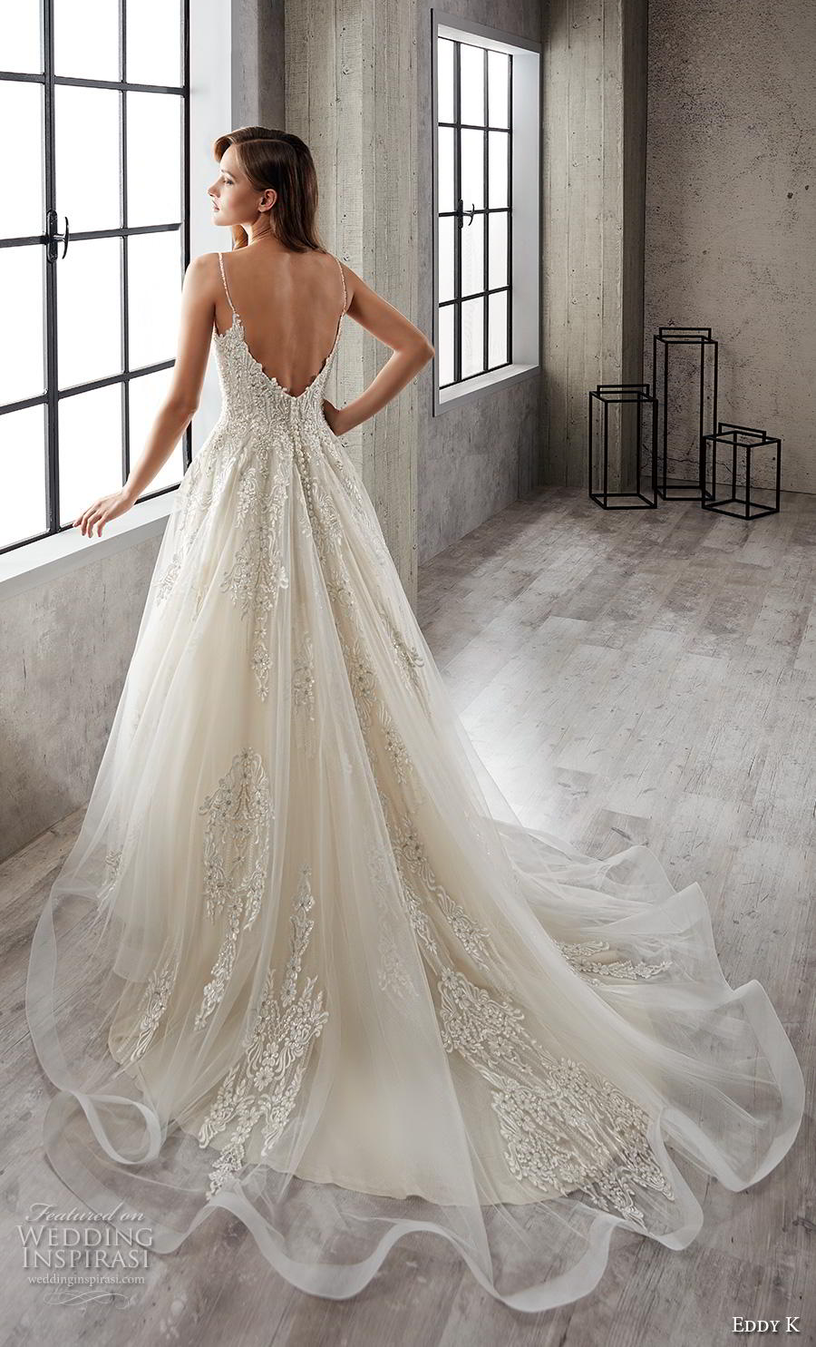 eddy k 2019 couture bridal sleeveless spaghetti strap sweetheart neckline heavily embellished bodice glitzy romantic a  line wedding dress backless v back chapel train (1) bv