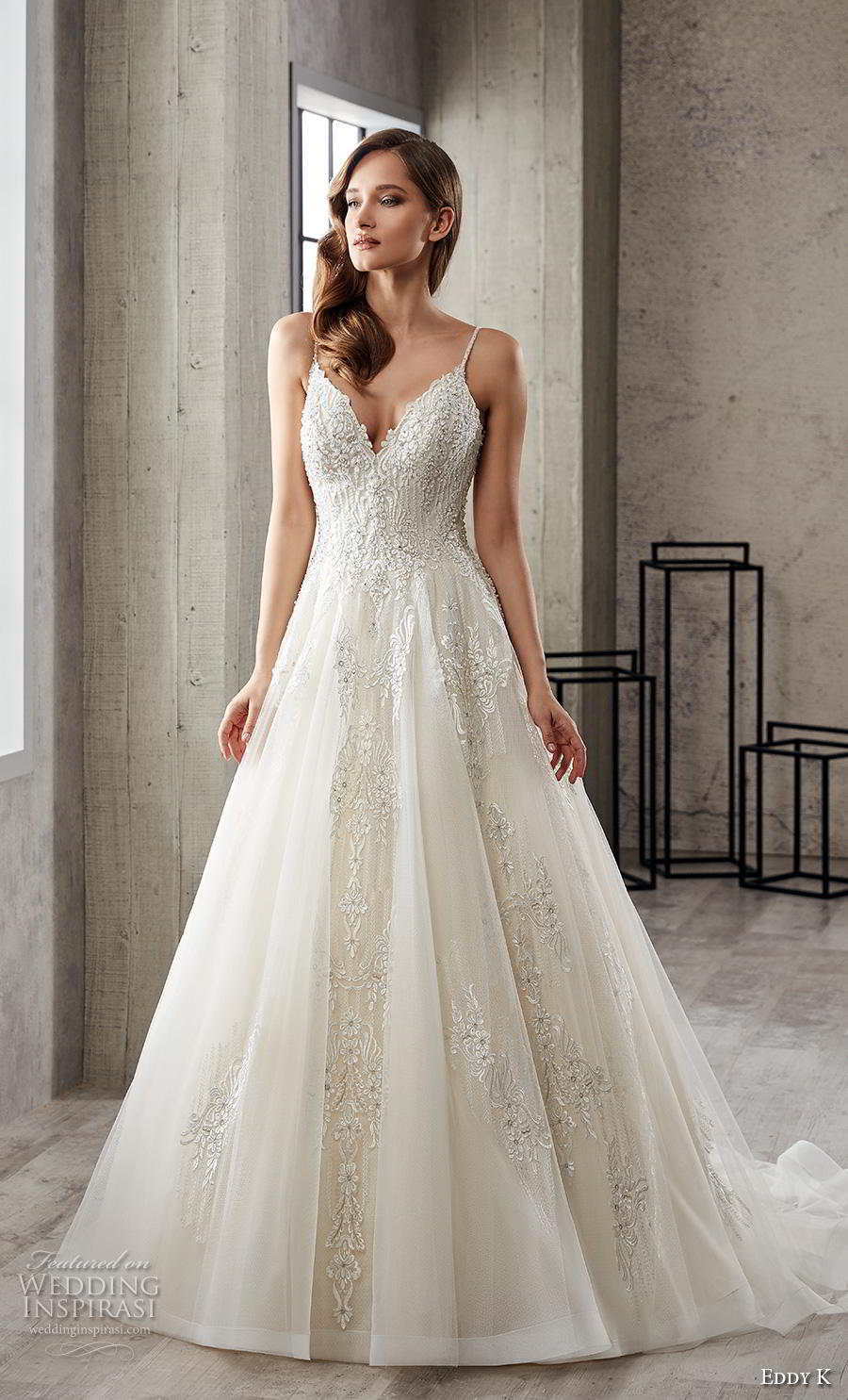 eddy k 2019 couture bridal sleeveless spaghetti strap sweetheart neckline heavily embellished bodice glitzy romantic a line wedding dress backless v back chapel train (1) mv eddy k 2019 couture bridal sleeveless spaghetti strap sweetheart neckline heavily embellished bodice glitzy romantic a line wedding dress backless v back chapel train (1) mv
