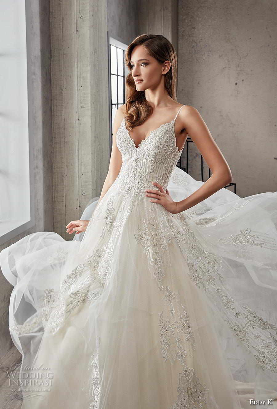 eddy k 2019 couture bridal sleeveless spaghetti strap sweetheart neckline heavily embellished bodice glitzy romantic a  line wedding dress backless v back chapel train (1) zv