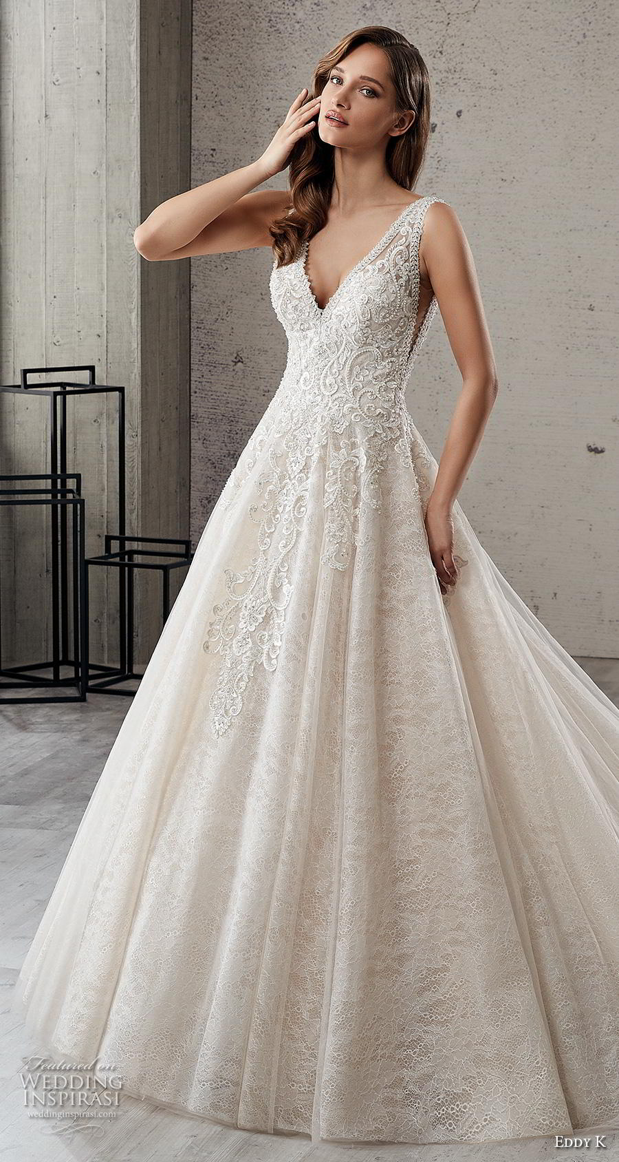 eddy k 2019 couture bridal sleeveless v neck heavily embellished bodice romantic a  line wedding dress v back chapel train (8) mv