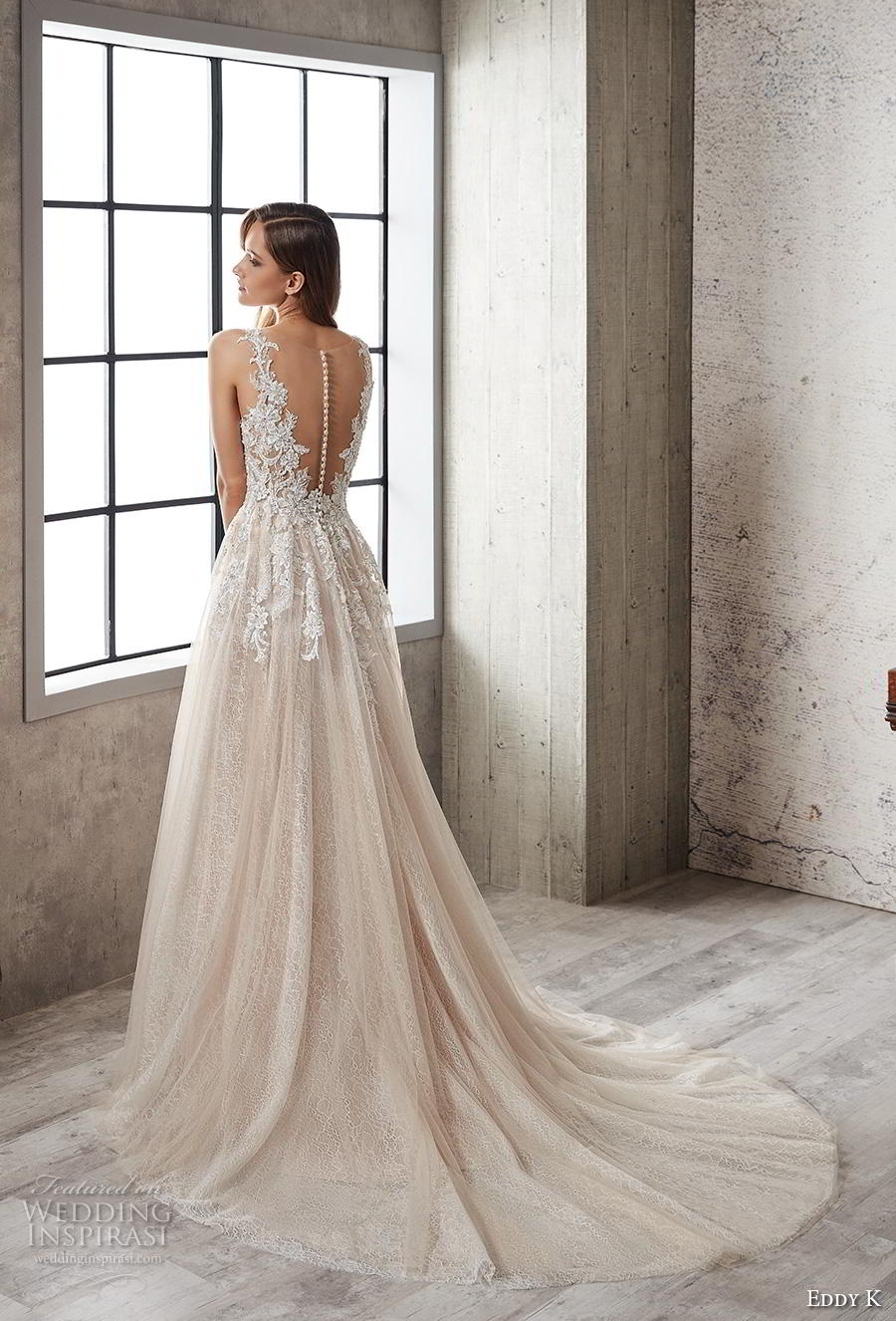 eddy k 2019 couture bridal sleeveless with strap sweetheart neckline heavily embellished bodice tulle skirt romantic champagne a  line wedding dress sheer button back chapel train (3) bv