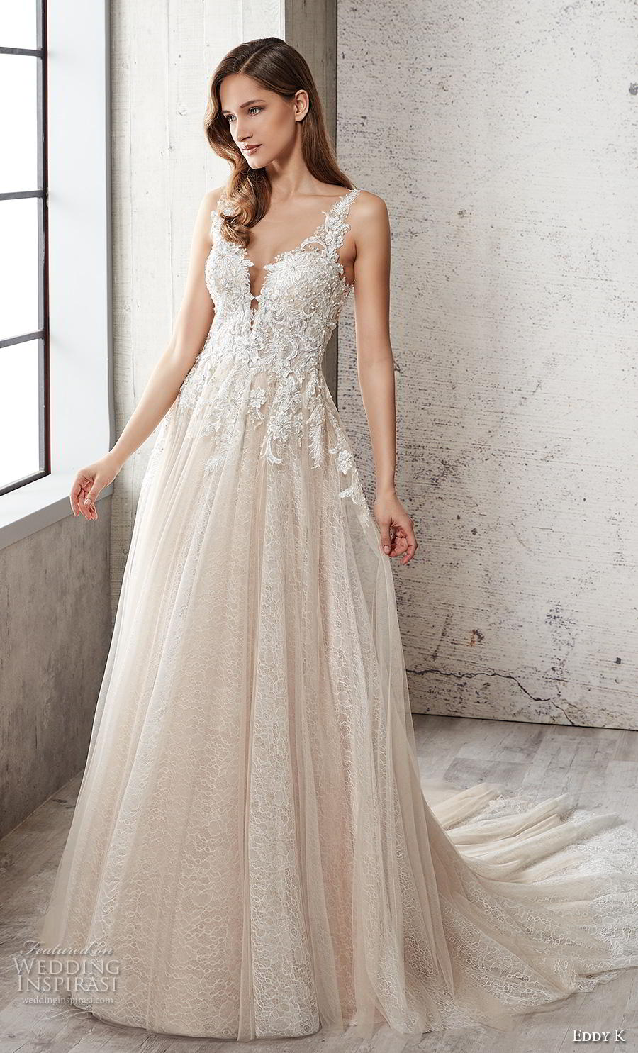 eddy k 2019 couture bridal sleeveless with strap sweetheart neckline heavily embellished bodice tulle skirt romantic champagne a  line wedding dress sheer button back chapel train (3) mv