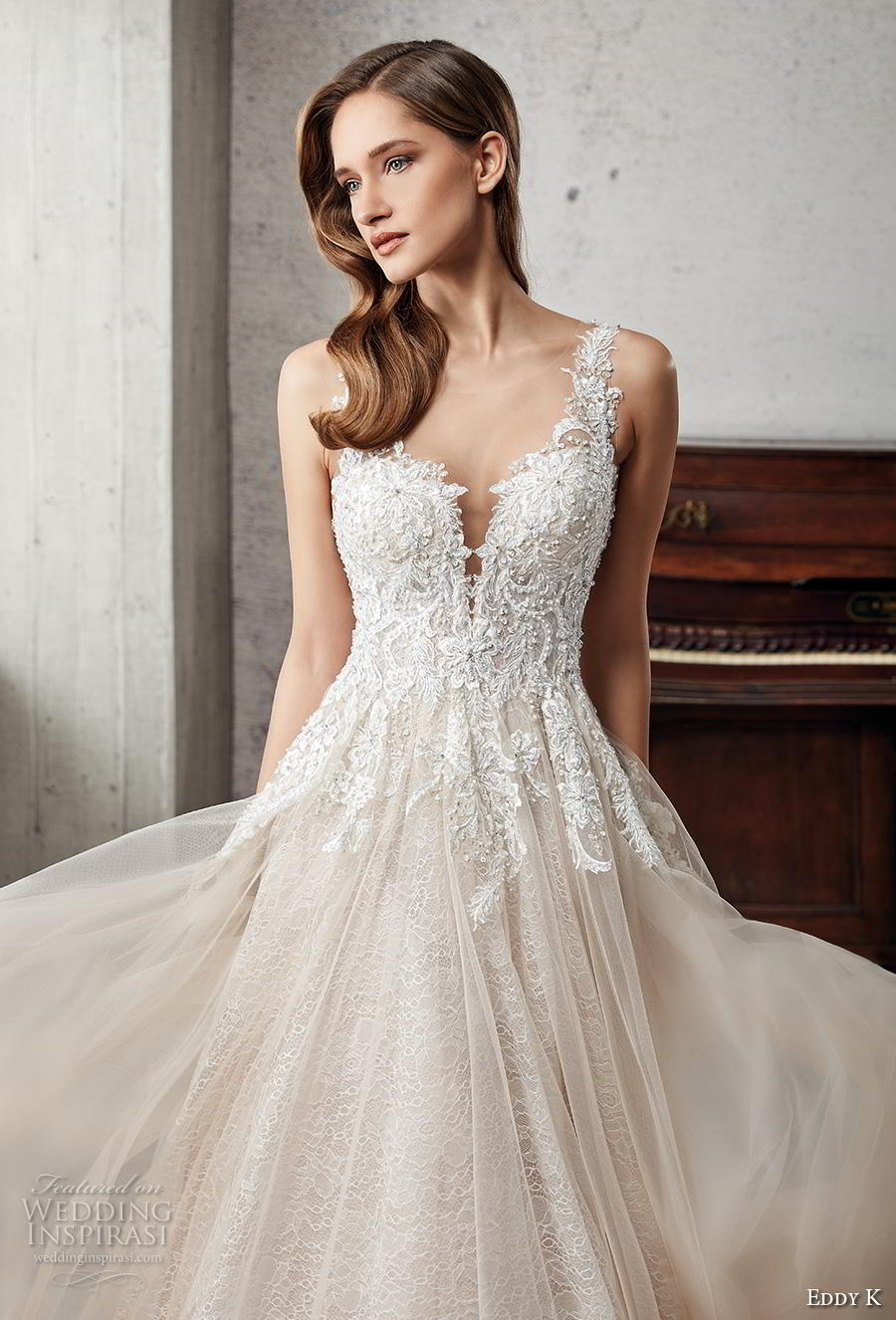 eddy k 2019 couture bridal sleeveless with strap sweetheart neckline heavily embellished bodice tulle skirt romantic champagne a  line wedding dress sheer button back chapel train (3) zv