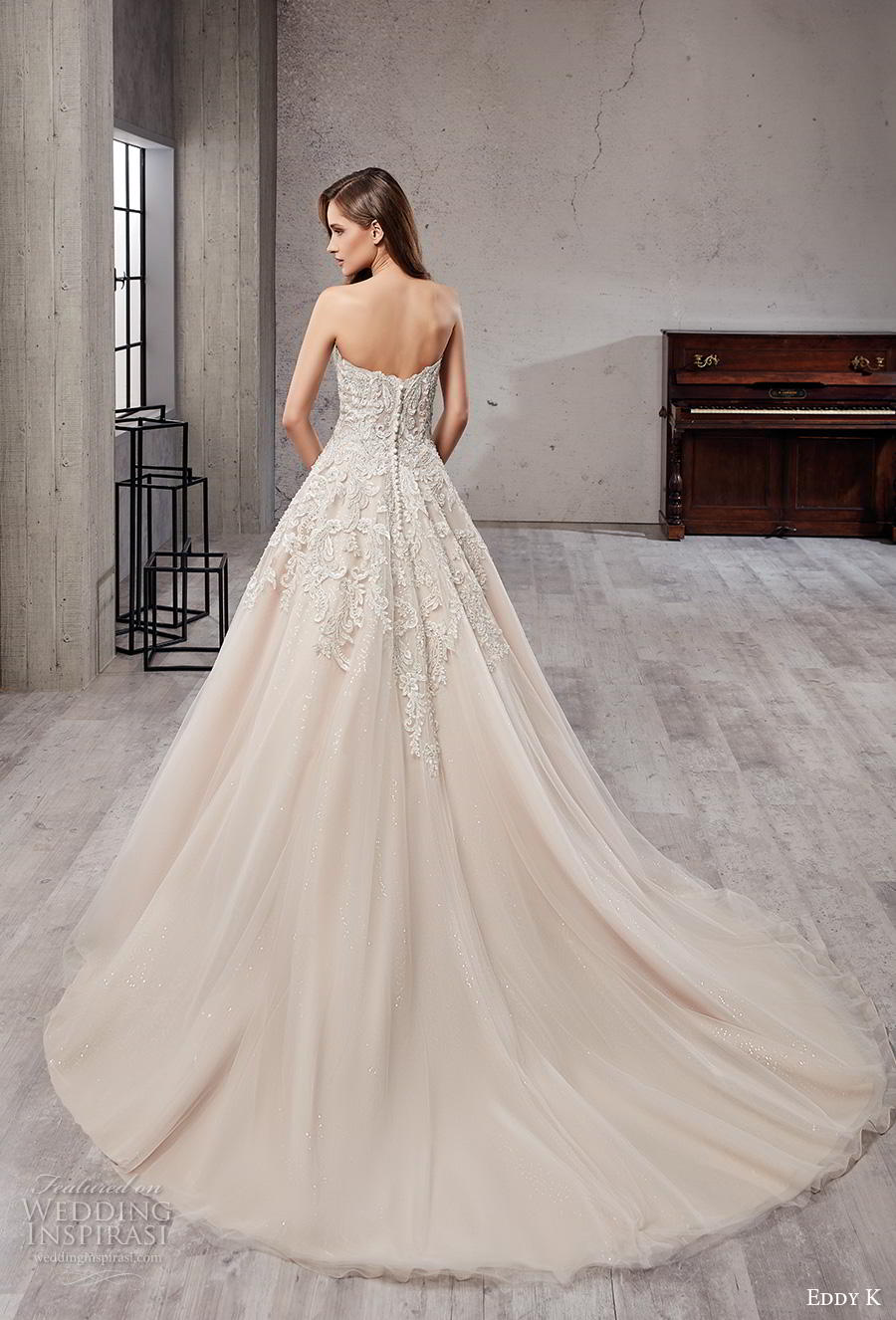 eddy k 2019 couture bridal strapless sweetheart neckline heavily embellished bodice romantic champagne a  line wedding dress chapel train (13) bv