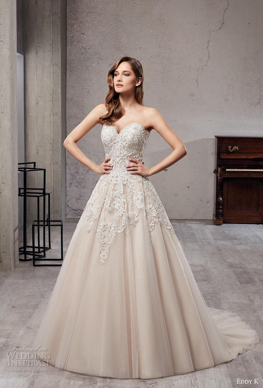 eddy k 2019 couture bridal strapless sweetheart neckline heavily embellished bodice romantic champagne a  line wedding dress chapel train (13) mv