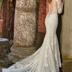eve of milady bridal spring 2018 deep v neck illusion long sleeves sheath fit flare lace wedding dress (1590) romantic elegant bv