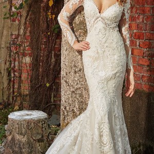 eve of milady bridal spring 2018 deep v neck illusion long sleeves sheath fit flare lace wedding dress (1590) romantic elegant mv