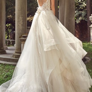 eve of milady bridal spring 2018 deep v neck sleeveless beaded straps lace bodice tiered skirt ball gown a line wedding dress (1598) bv low back glam romantic
