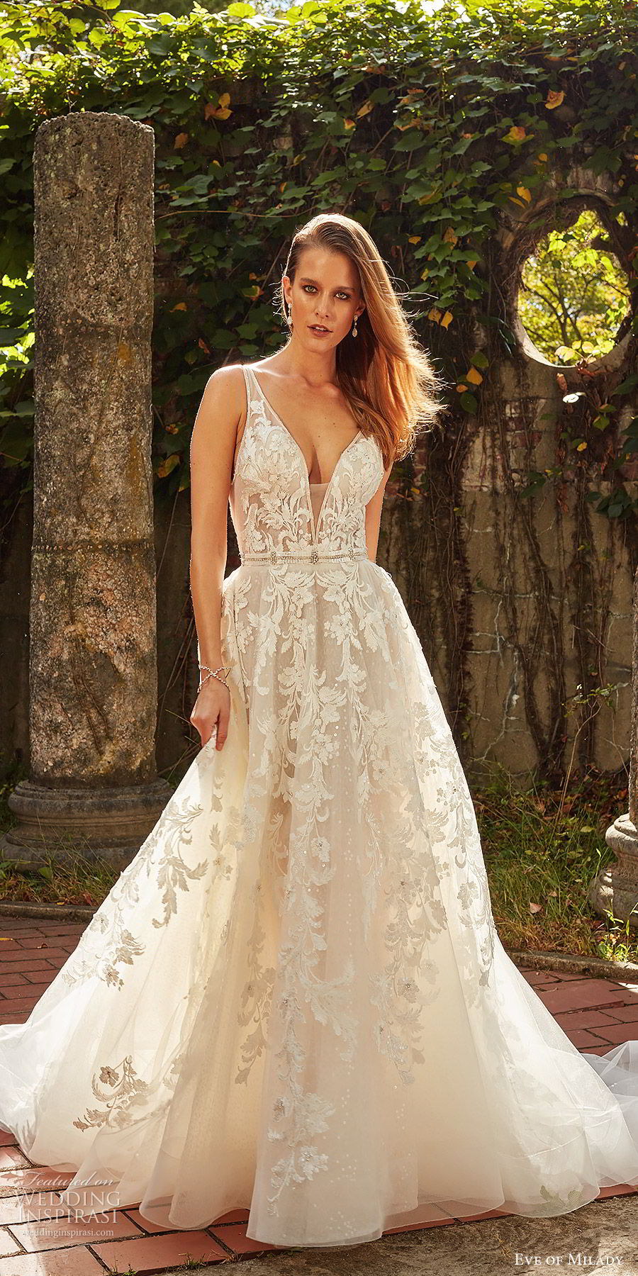 Sleeveless Deep V-neck Illusion Neckline A-line Wedding Dress