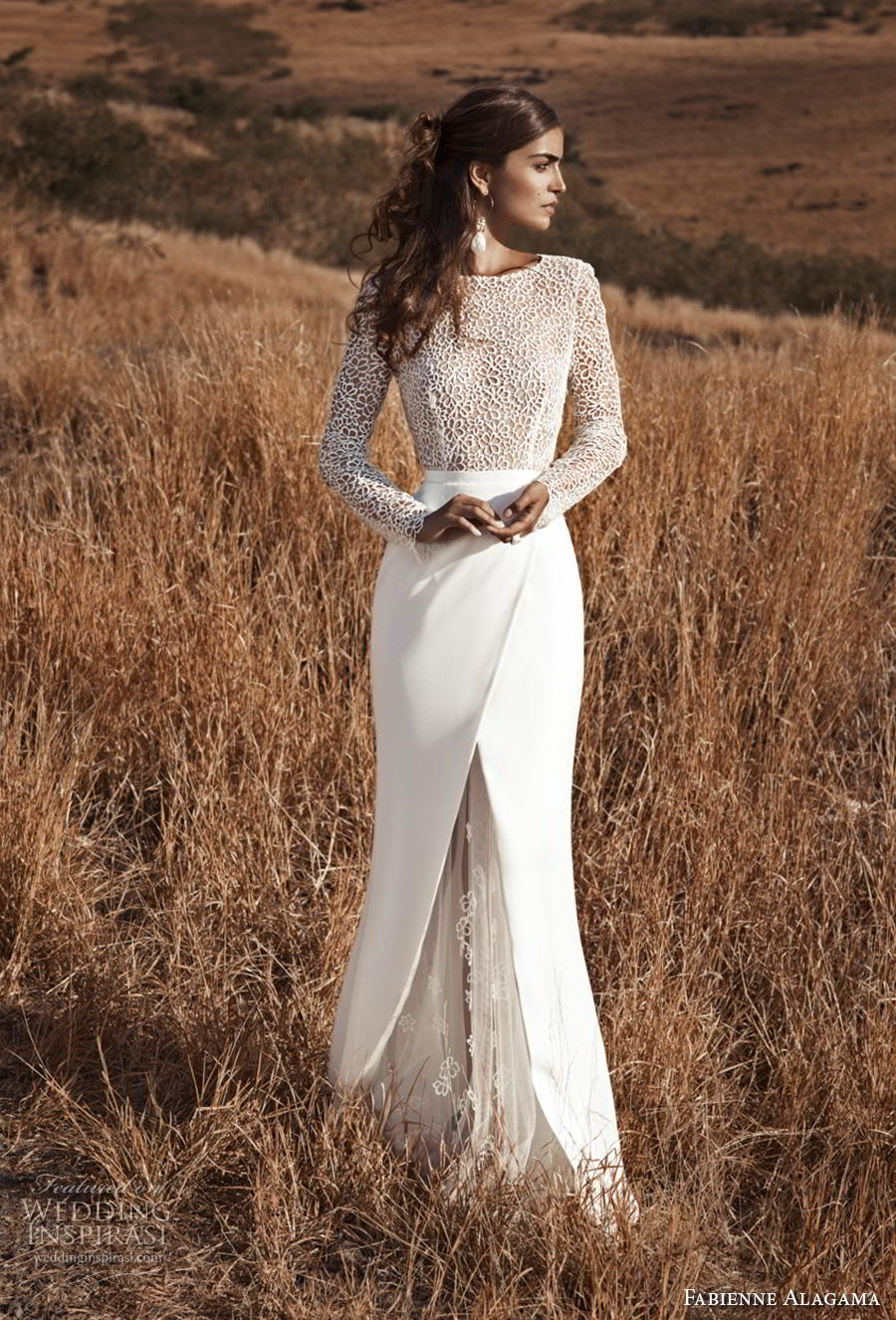 fabienne alagama 2019 bridal long sleeves bateau neck heavily embellished bodice slit skirt modern elegant sheath wedding dress keyhole back (3) mv